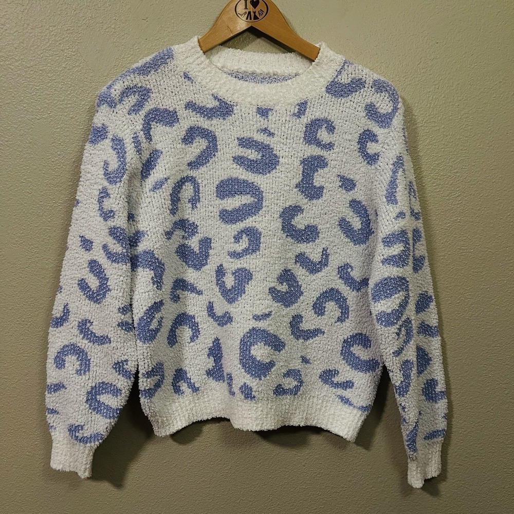 Women's Novelty Blue White Leopard Print Sweater Cozy Fuzzy Oversized Size S